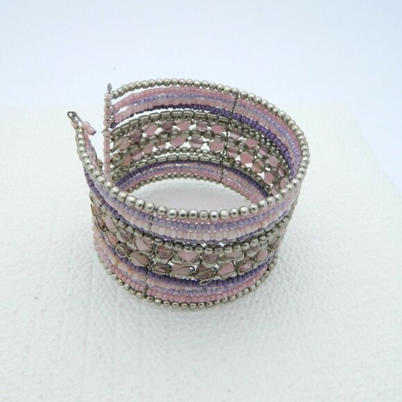 Multi-Colored Pink Purple Glass Bead Beaded Cuff - Picture 3 of 5